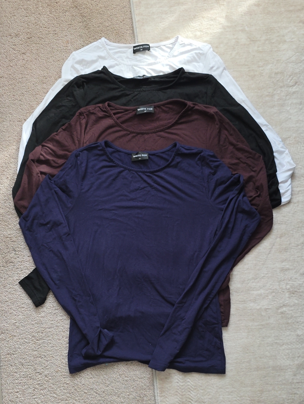 Women's Long Sleeve Crew Neck Top - Navy, Brown, Black, White LOT OF FOUR
